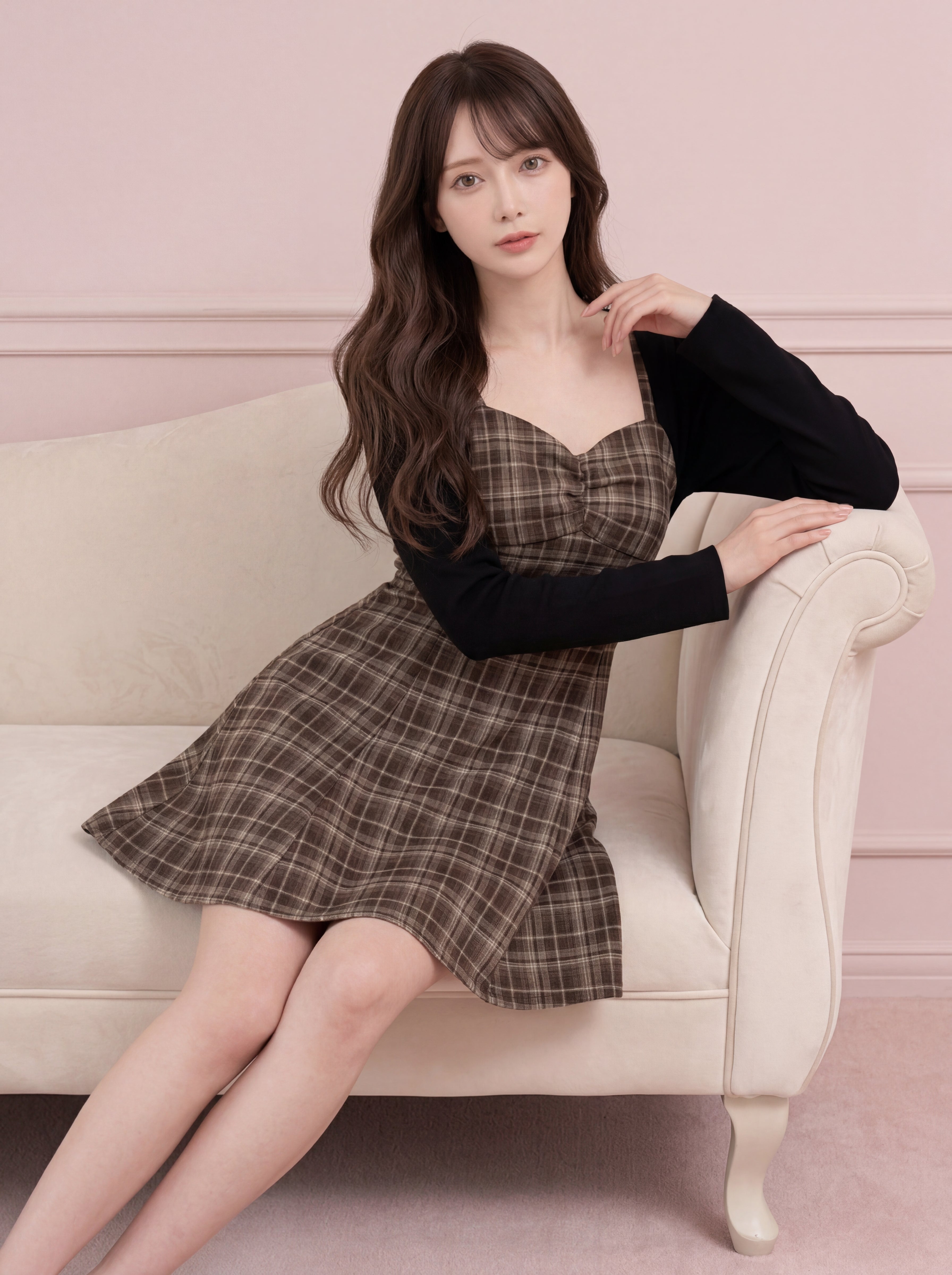 ウエストフィットチェックワンピース＆カーディガン – Brume Rosée