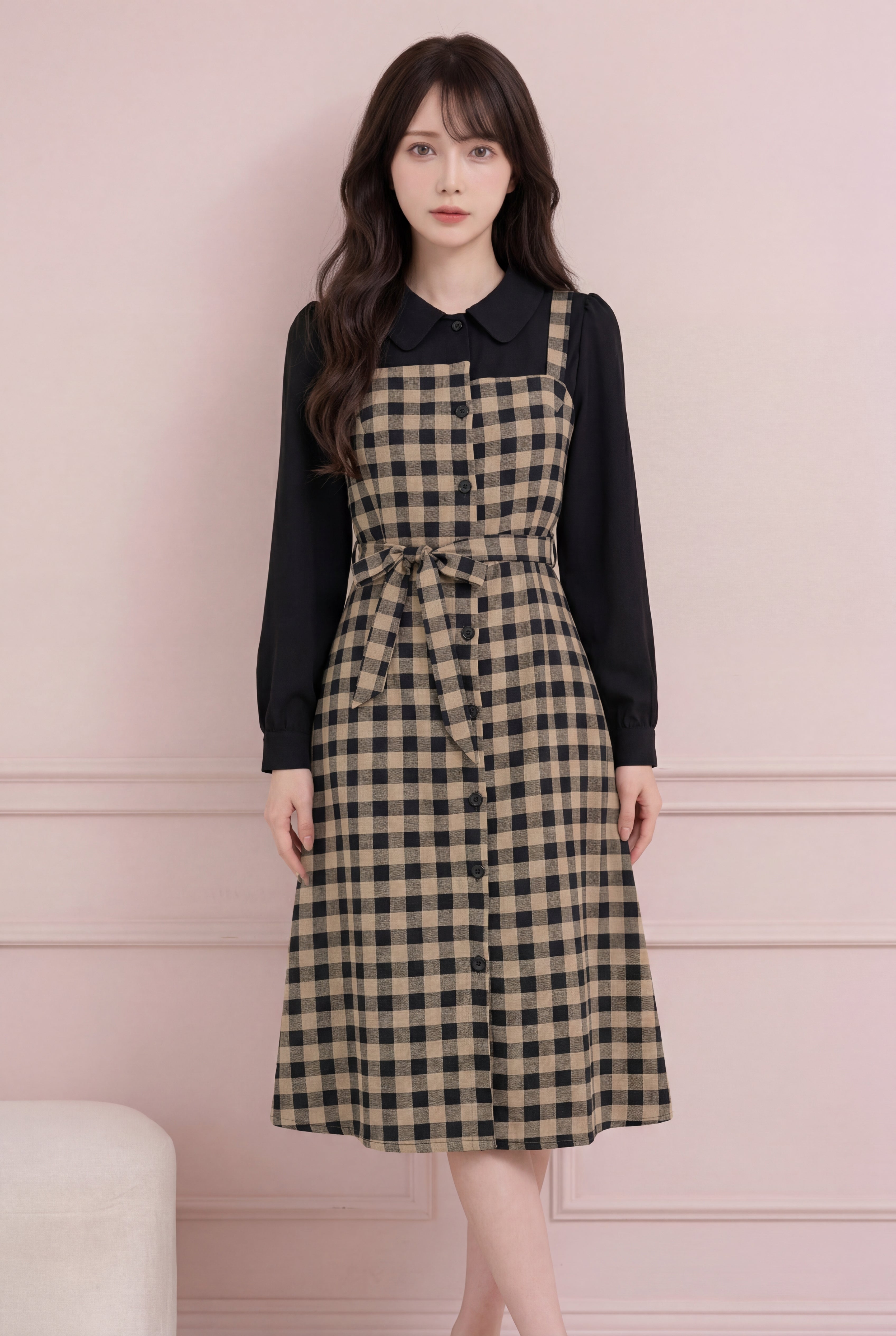 レトロチェックフェイクツーピースワンピース – Brume Rosée
